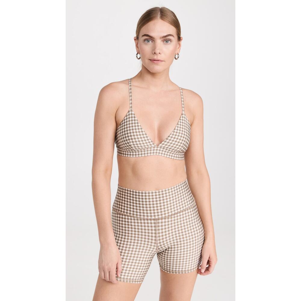 Alo Yoga Airlift Splendor Gingham Bra and 5" Energy Shorts Medium Macadamia EUC